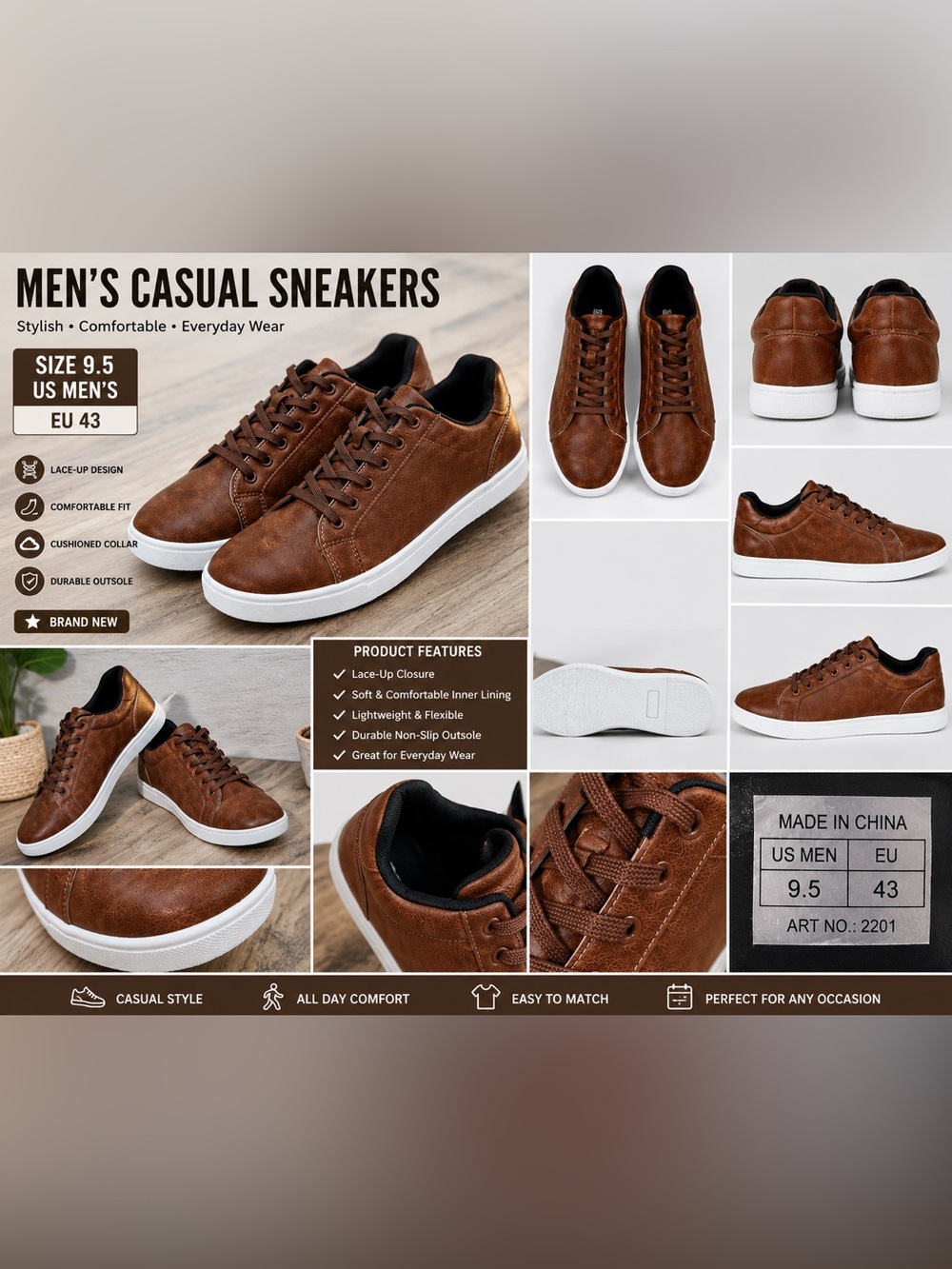 Men’s Casual Brown Lace-Up Sneakers Shoes Size 9.5 US / EU 43 Lightweight